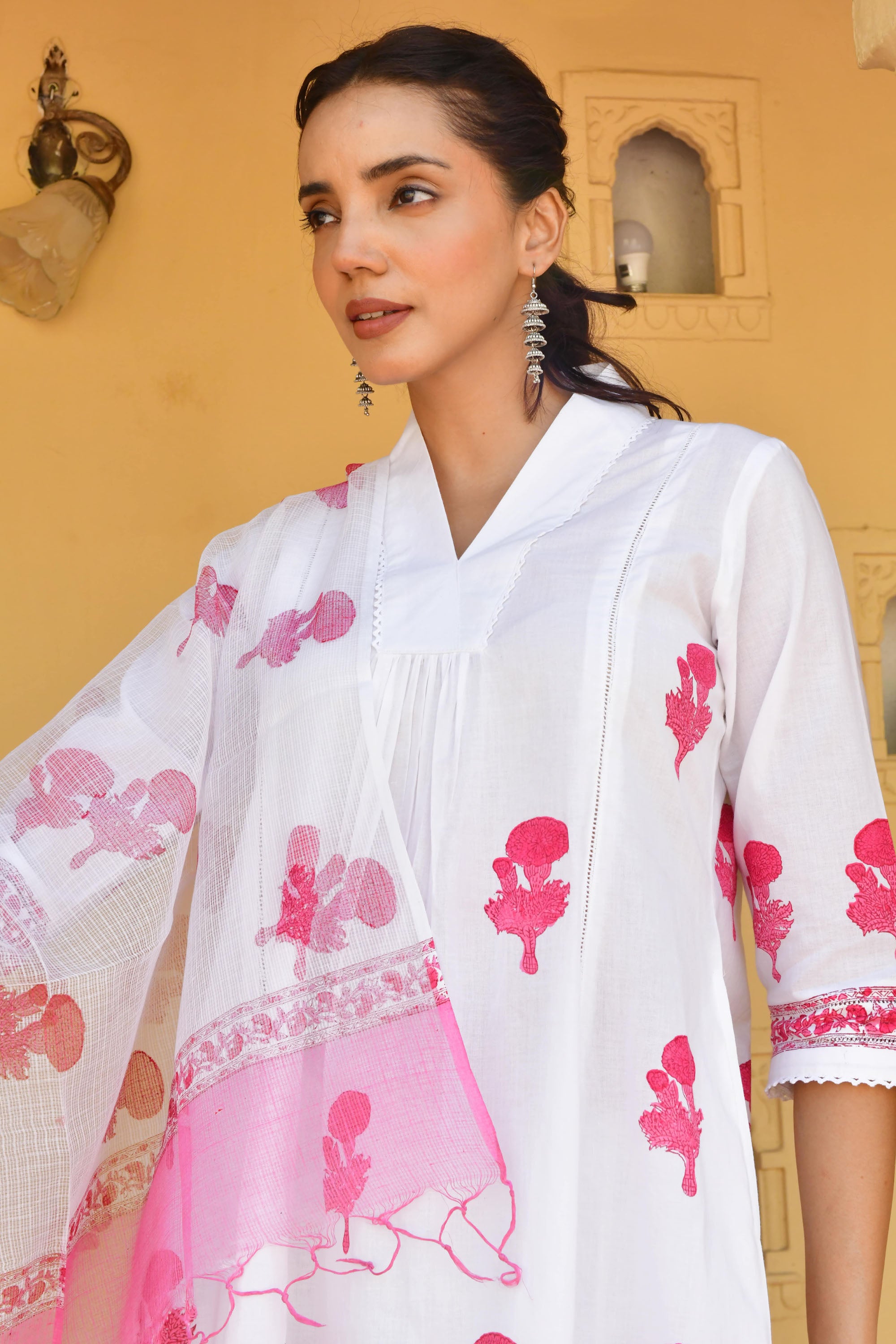 Pink & White Hand Block Printed Kurta Set with Palazzo & Dupatta - Set Of 3