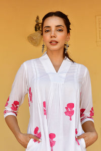 Pink & White Hand Block Printed Kurta Set with Palazzo & Dupatta - Set Of 3