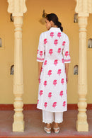 Pink & White Hand Block Printed Kurta Set with Palazzo & Dupatta - Set Of 3