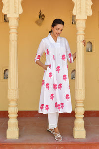 Pink & White Hand Block Printed Kurta Set with Palazzo & Dupatta - Set Of 3
