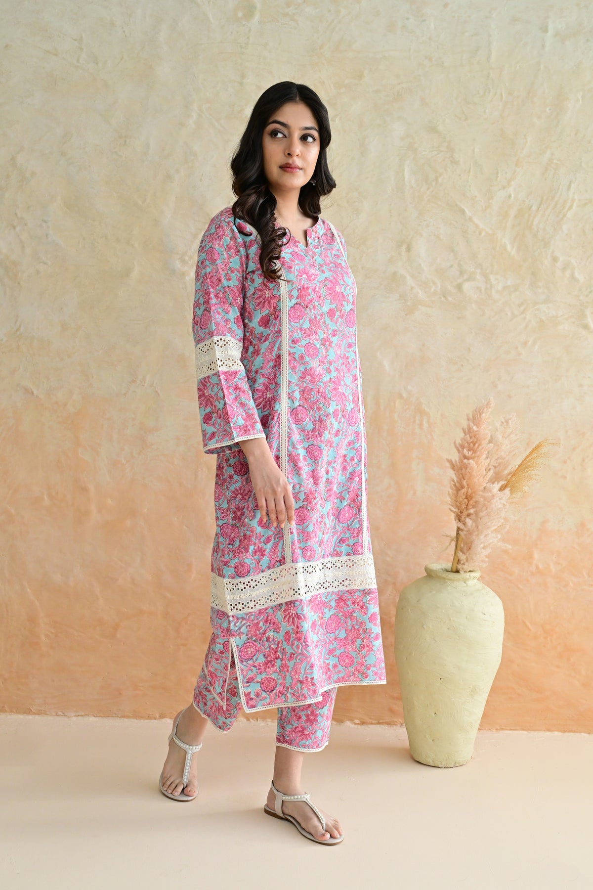 Aqua Pink Blossom Cotton Dobby Hand Block Printed Kurta Pant  Set with Kota Doriya Dupatta