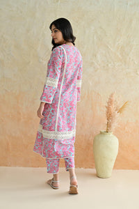 Aqua Pink Blossom Cotton Dobby Hand Block Printed Kurta Pant  Set with Kota Doriya Dupatta
