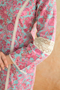 Aqua Pink Blossom Cotton Dobby Hand Block Printed Kurta Pant  Set with Kota Doriya Dupatta