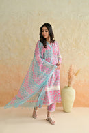 Aqua Pink Blossom Cotton Dobby Hand Block Printed Kurta Pant  Set with Kota Doriya Dupatta