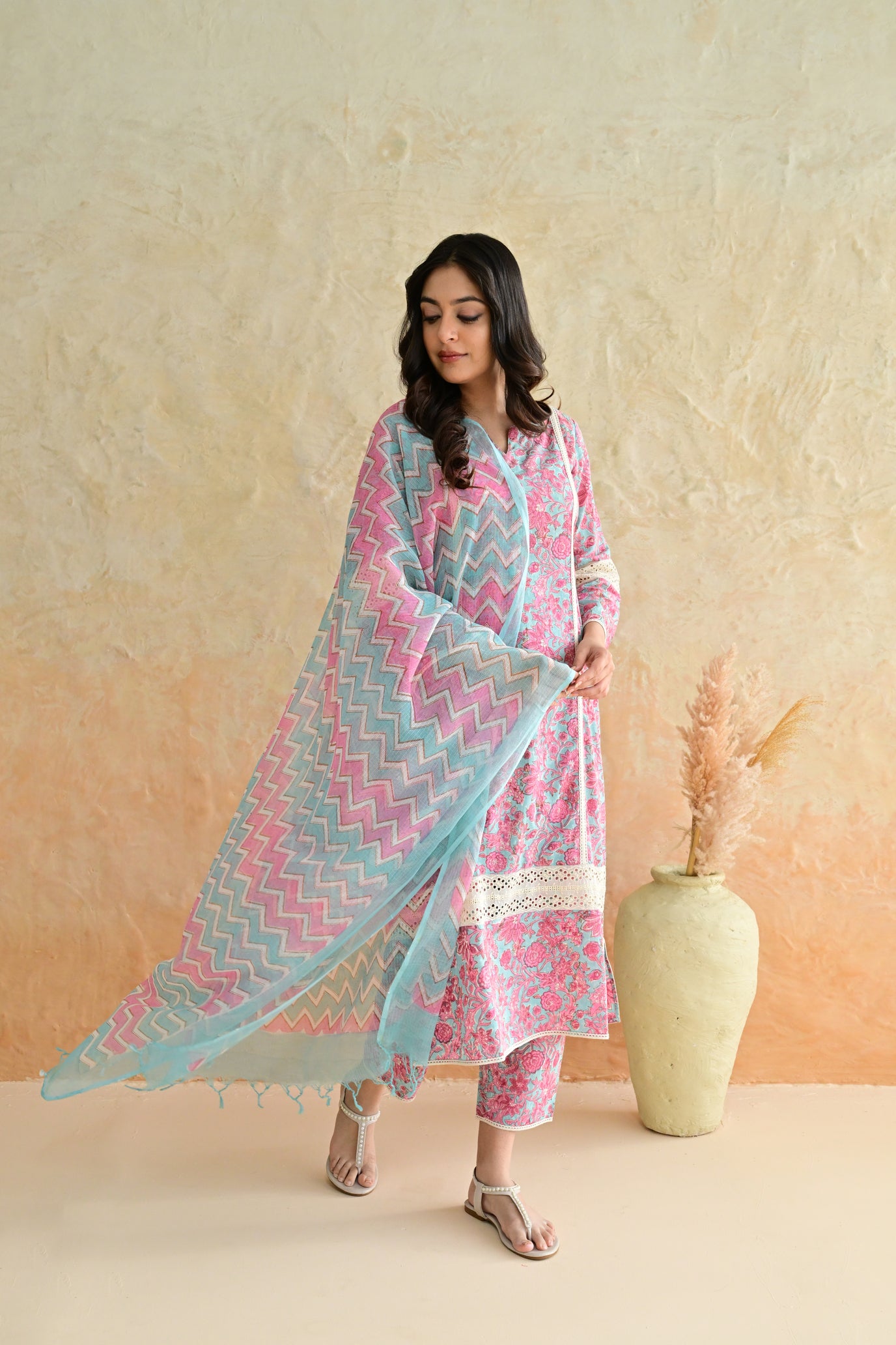 Aqua Pink Blossom Cotton Dobby Hand Block Printed Kurta Pant  Set with Kota Doriya Dupatta