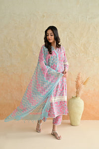 Aqua Pink Blossom Cotton Dobby Hand Block Printed Kurta Pant  Set with Kota Doriya Dupatta