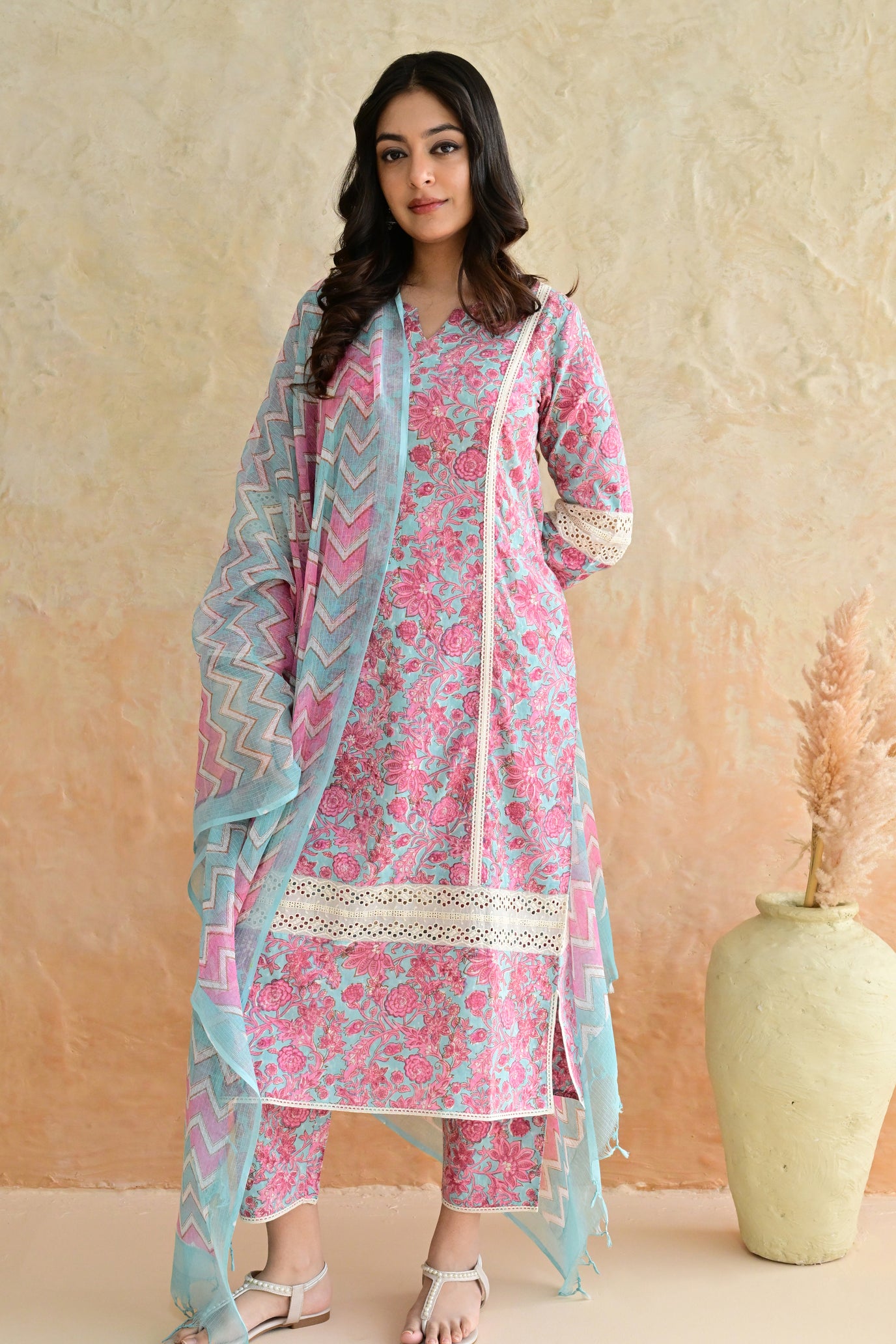 Aqua Pink Blossom Cotton Dobby Hand Block Printed Kurta Pant  Set with Kota Doriya Dupatta