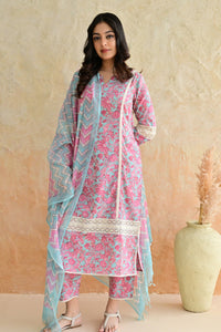 Aqua Pink Blossom Cotton Dobby Hand Block Printed Kurta Pant  Set with Kota Doriya Dupatta