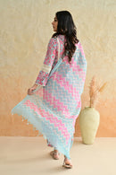 Aqua Pink Blossom Cotton Dobby Hand Block Printed Kurta Pant  Set with Kota Doriya Dupatta