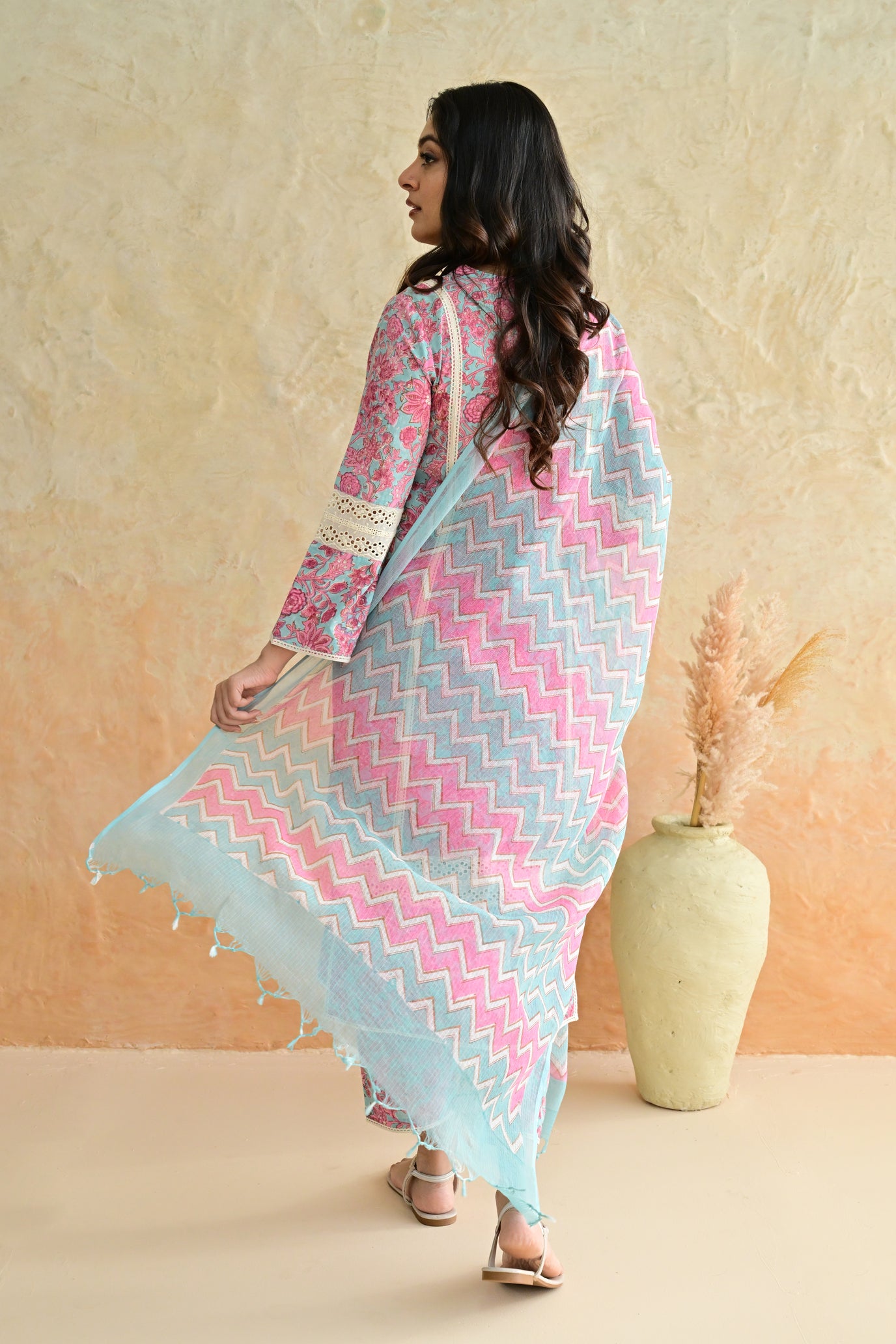 Aqua Pink Blossom Cotton Dobby Hand Block Printed Kurta Pant  Set with Kota Doriya Dupatta