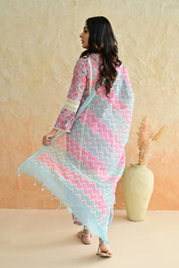 Aqua Pink Blossom Cotton Dobby Hand Block Printed Kurta Pant  Set with Kota Doriya Dupatta