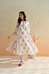 Off White Hand Block Printed Cotton Kurta Palazzo Set with Kota Doriya Dupatta