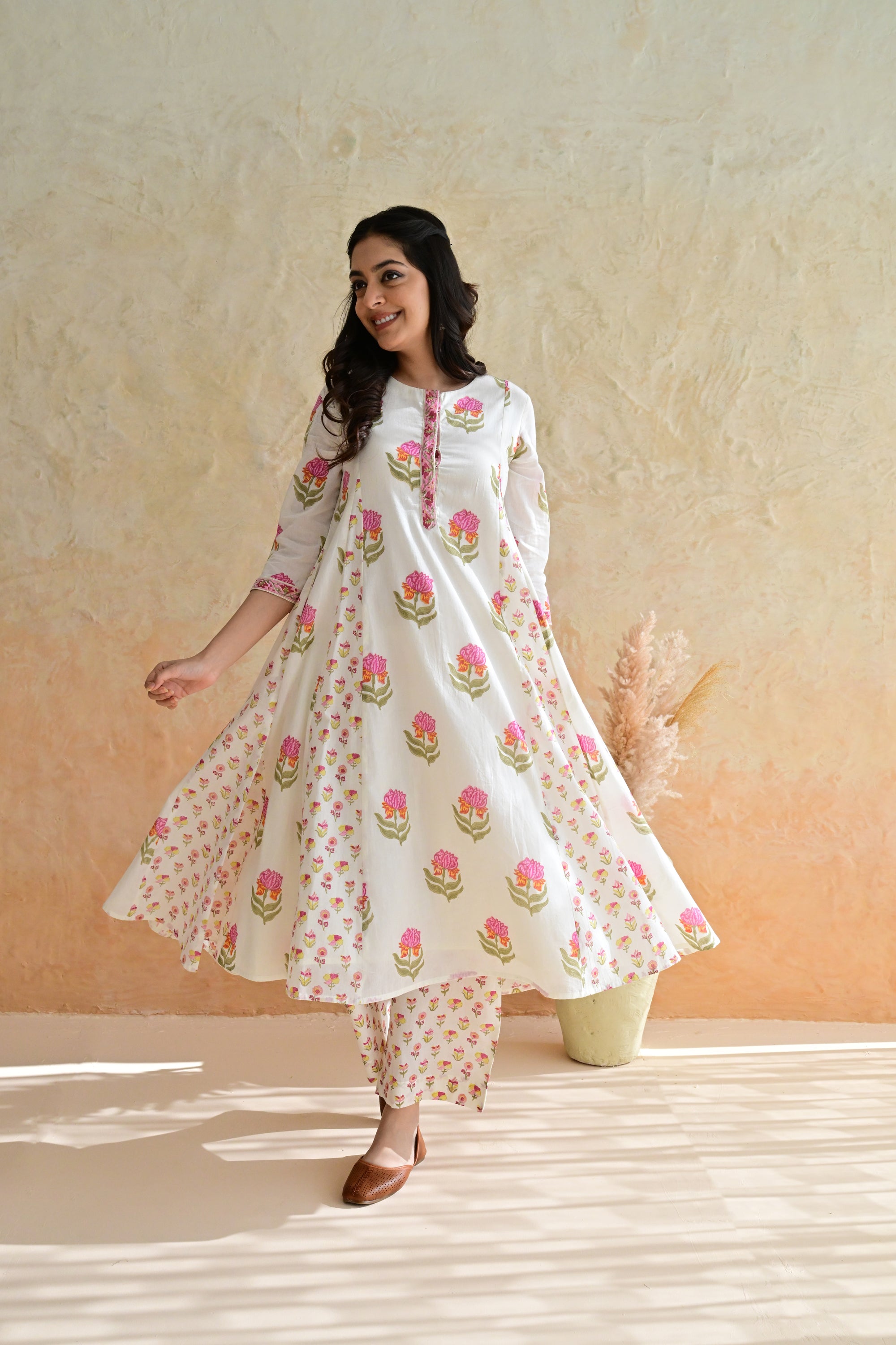 Off White Hand Block Printed Cotton Kurta Palazzo Set with Kota Doriya Dupatta