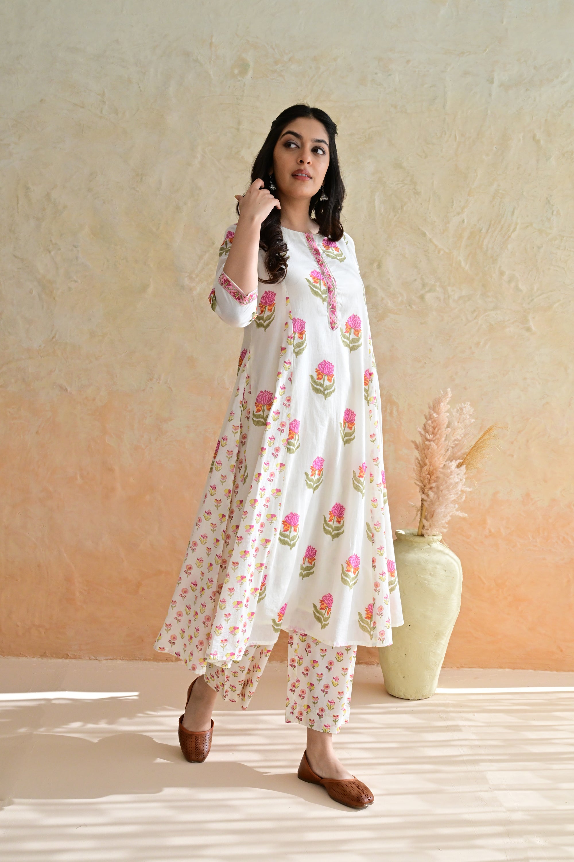 Off White Hand Block Printed Cotton Kurta Palazzo Set with Kota Doriya Dupatta