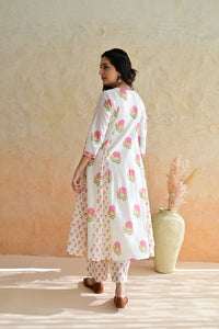 Off White Hand Block Printed Cotton Kurta Palazzo Set with Kota Doriya Dupatta