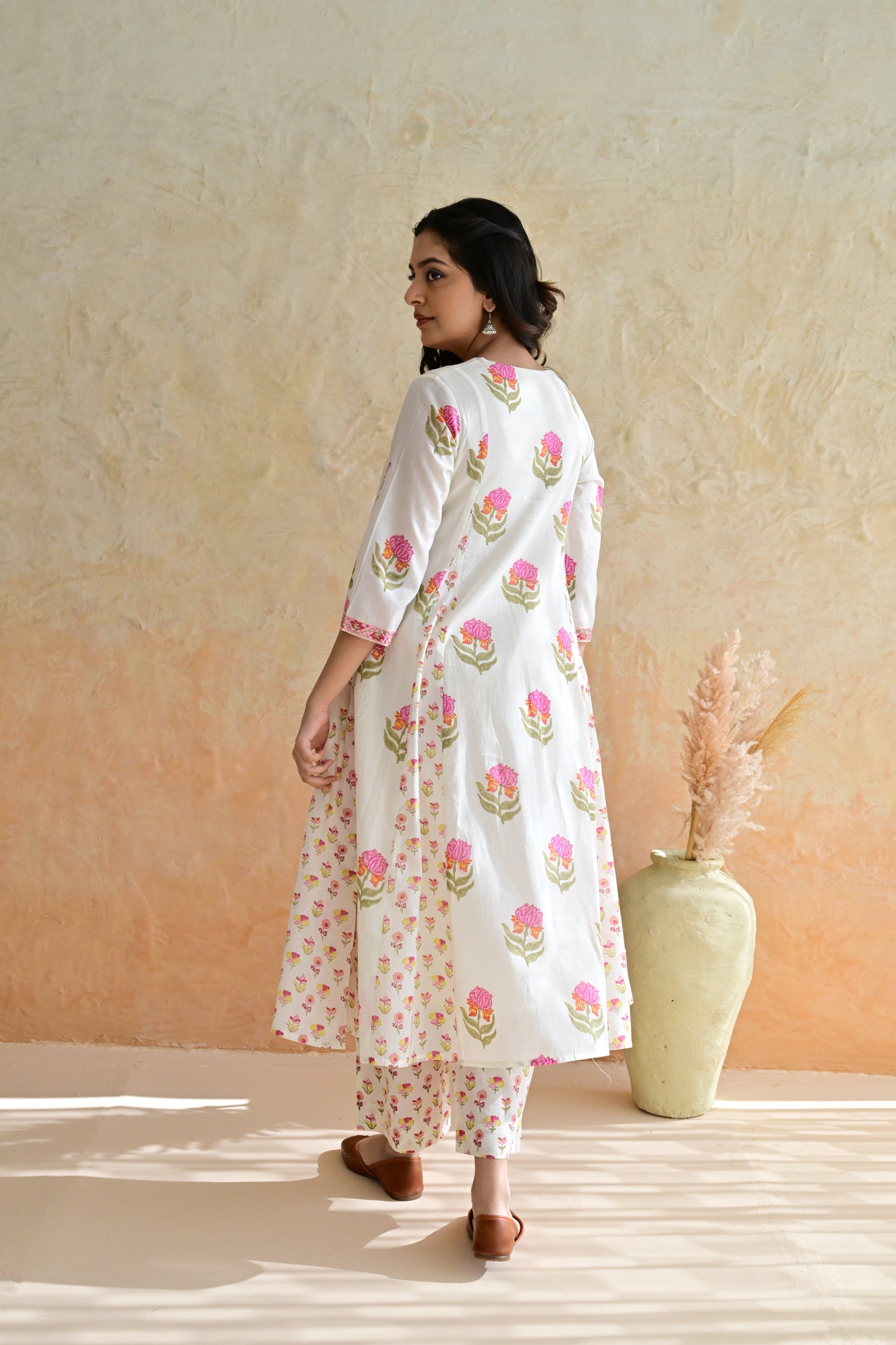 Off White Hand Block Printed Cotton Kurta Palazzo Set with Kota Doriya Dupatta