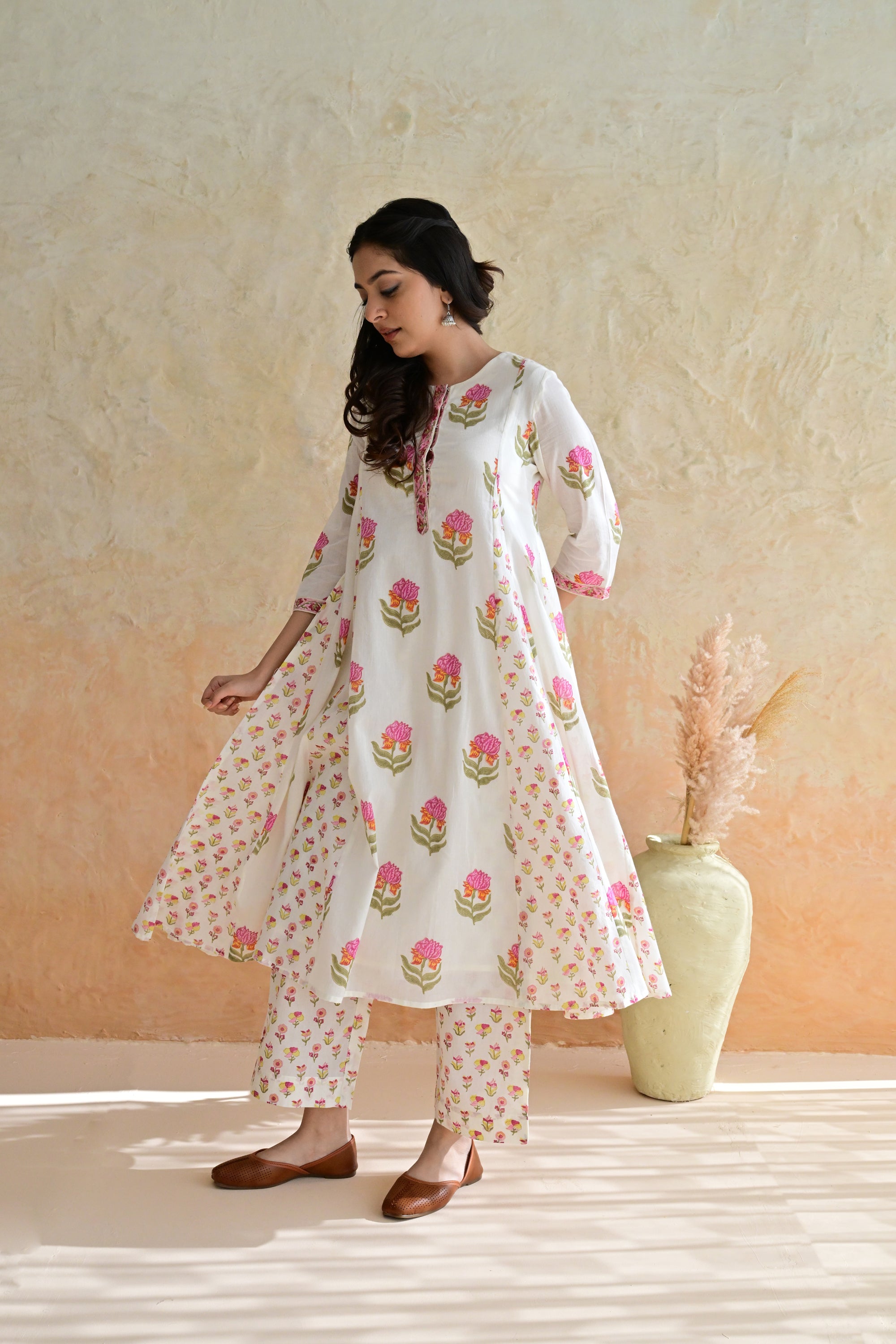 Off White Hand Block Printed Cotton Kurta Palazzo Set with Kota Doriya Dupatta