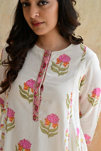 Off White Hand Block Printed Cotton Kurta Palazzo Set with Kota Doriya Dupatta