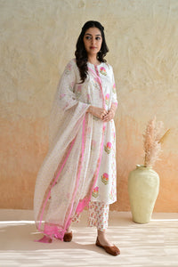 Off White Hand Block Printed Cotton Kurta Palazzo Set with Kota Doriya Dupatta