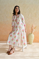 Off White Hand Block Printed Cotton Kurta Palazzo Set with Kota Doriya Dupatta