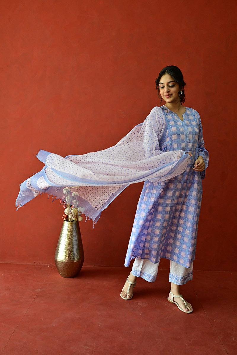 Powder Blue Cotton Dobby Cotton Hand Block kurta & palazzo With Kota Doriya Dupatta