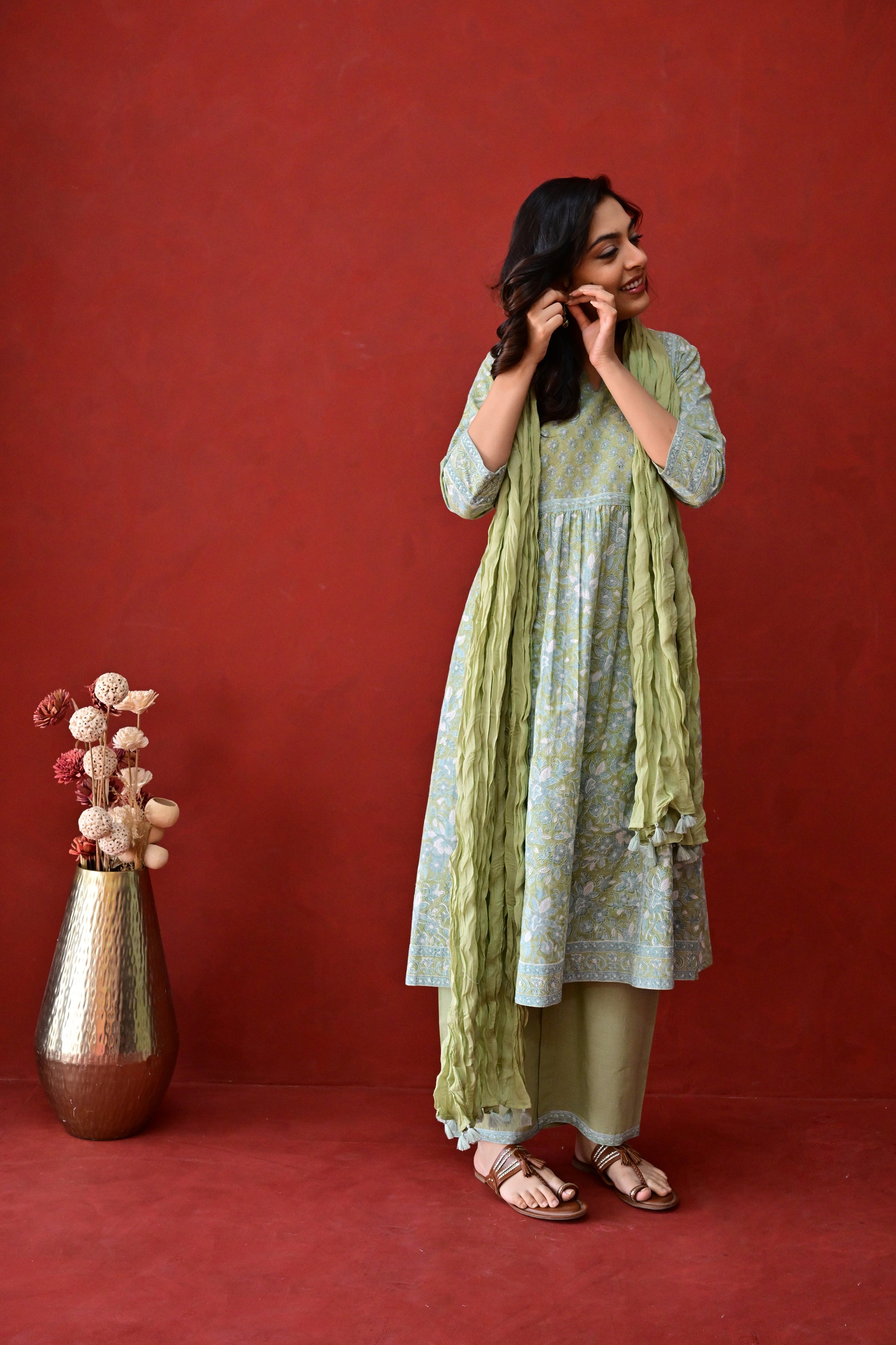 Light Green Hand Block Embroidered Cotton kurta Palazzo Set With Mulmul Dupatta