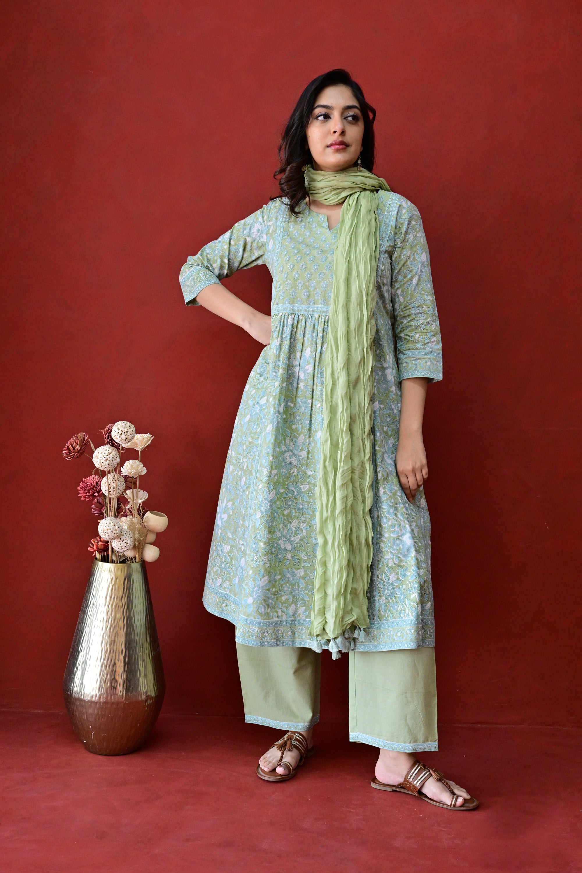 Light Green Hand Block Embroidered Cotton kurta Palazzo Set With Mulmul Dupatta