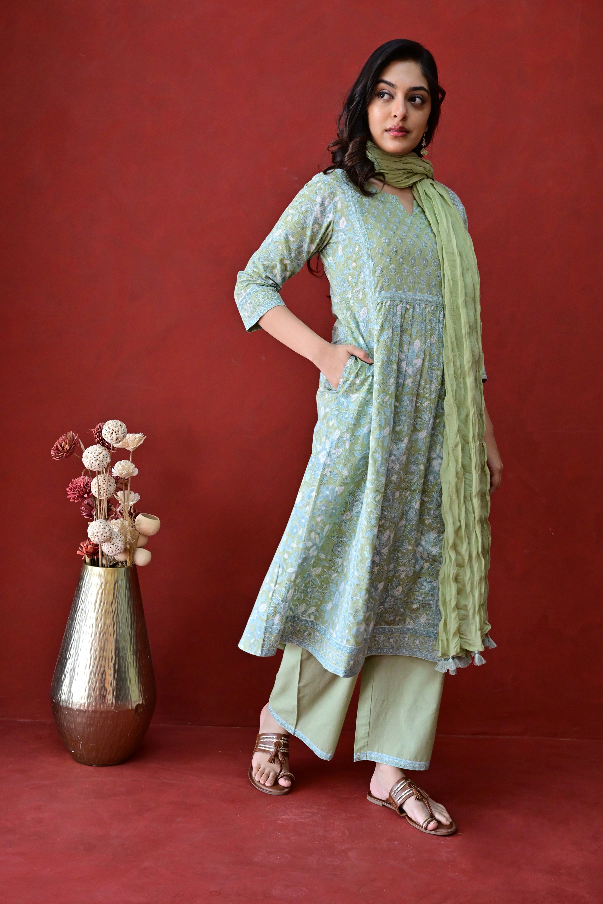Light Green Hand Block Embroidered Cotton kurta Palazzo Set With Mulmul Dupatta