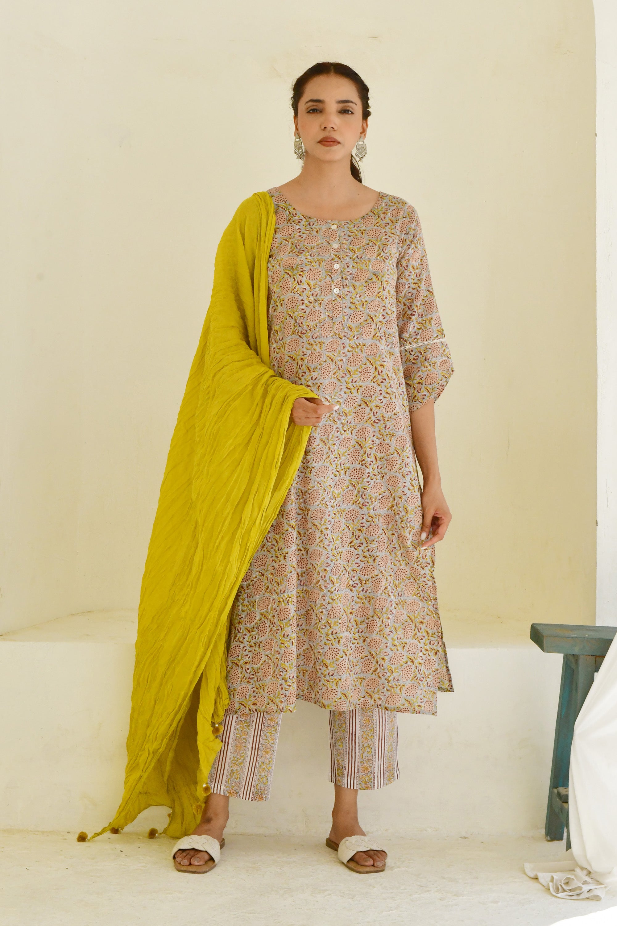 Mahendi Green & Grey Hand Block Printed Kurta  Set with Pant  & Dupatta- Set Of 3