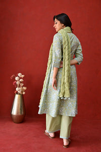 Light Green Hand Block Embroidered Cotton kurta Palazzo Set With Mulmul Dupatta