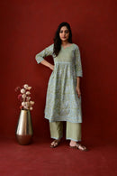 Light Green Hand Block Embroidered Cotton kurta Palazzo Set With Mulmul Dupatta