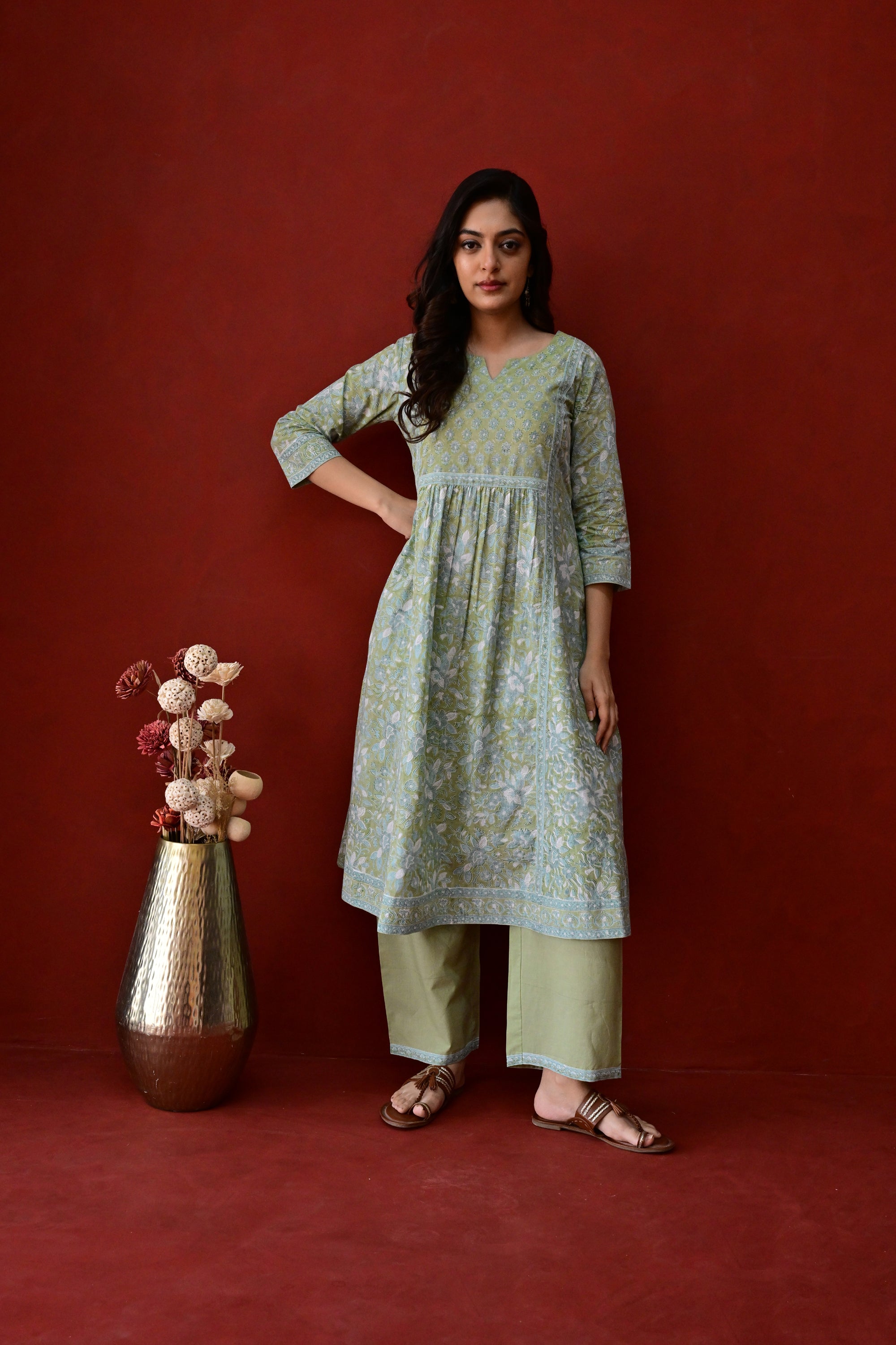 Light Green Hand Block Embroidered Cotton kurta Palazzo Set With Mulmul Dupatta