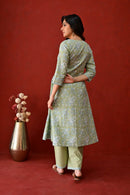 Light Green Hand Block Embroidered Cotton kurta Palazzo Set With Mulmul Dupatta