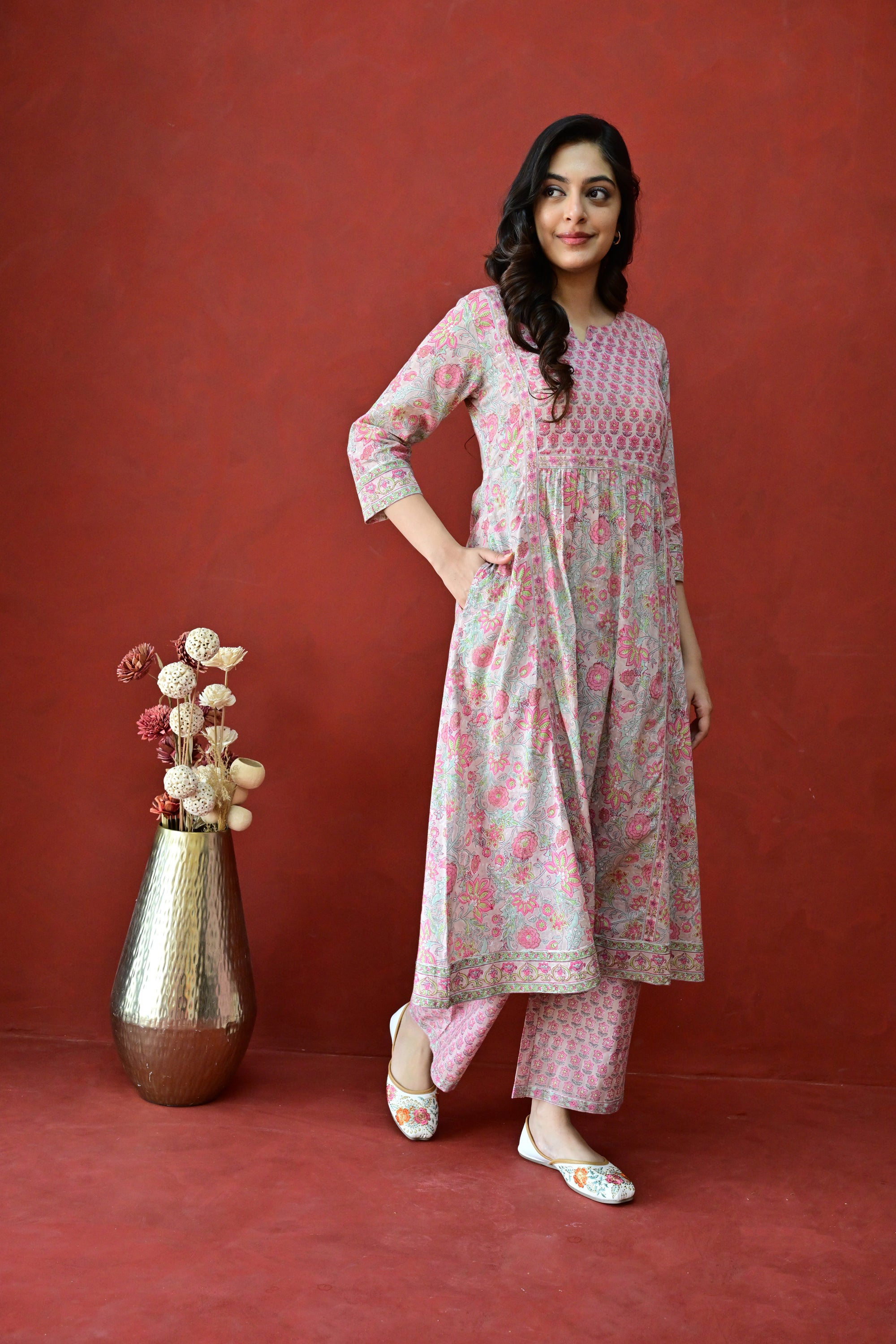 Peach & Pink Hand Block Cotton Kurta Palazzo Set with Kota Doriya Dupatta