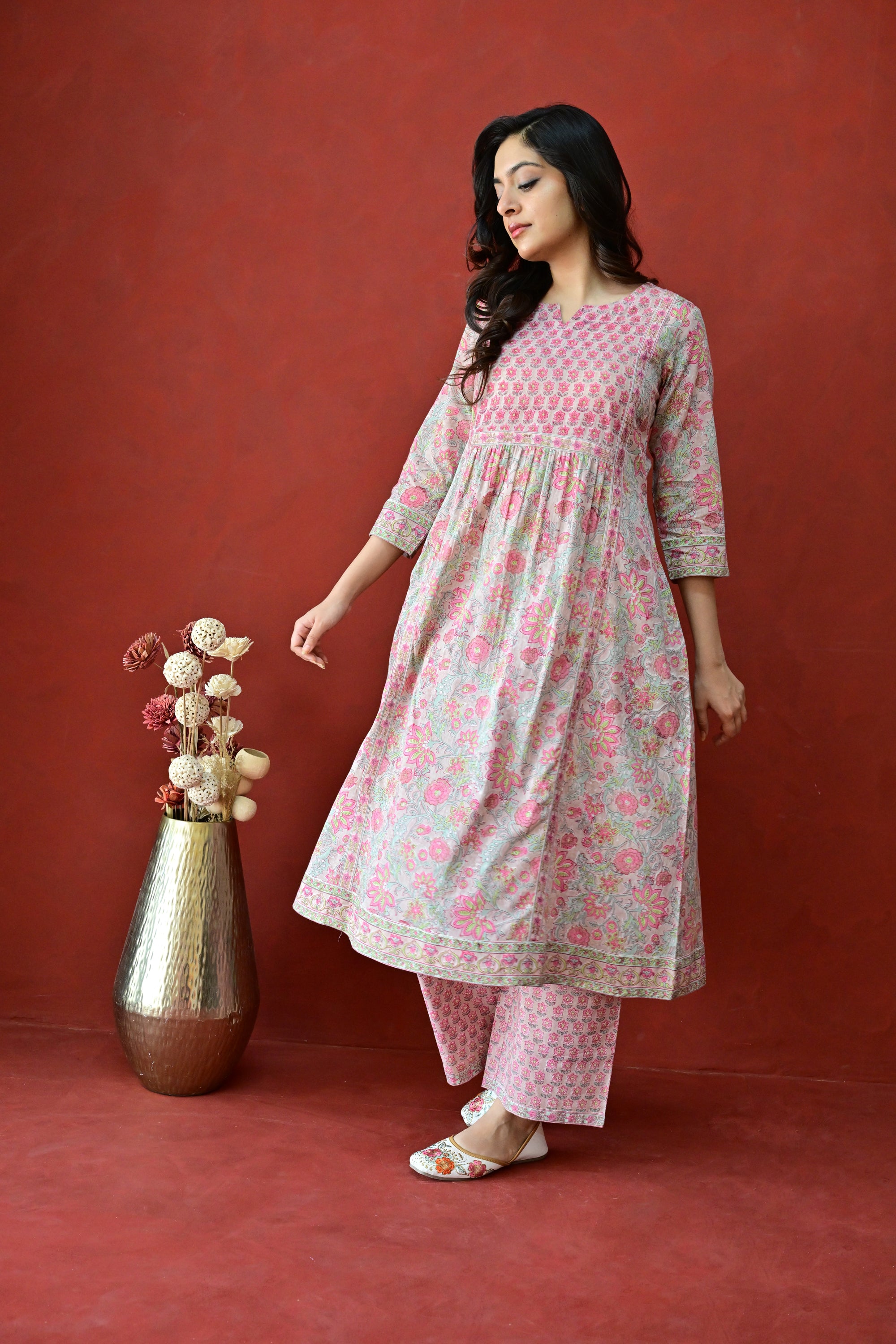 Peach & Pink Hand Block Cotton Kurta Palazzo Set with Kota Doriya Dupatta