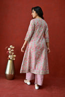 Peach & Pink Hand Block Cotton Kurta Palazzo Set with Kota Doriya Dupatta