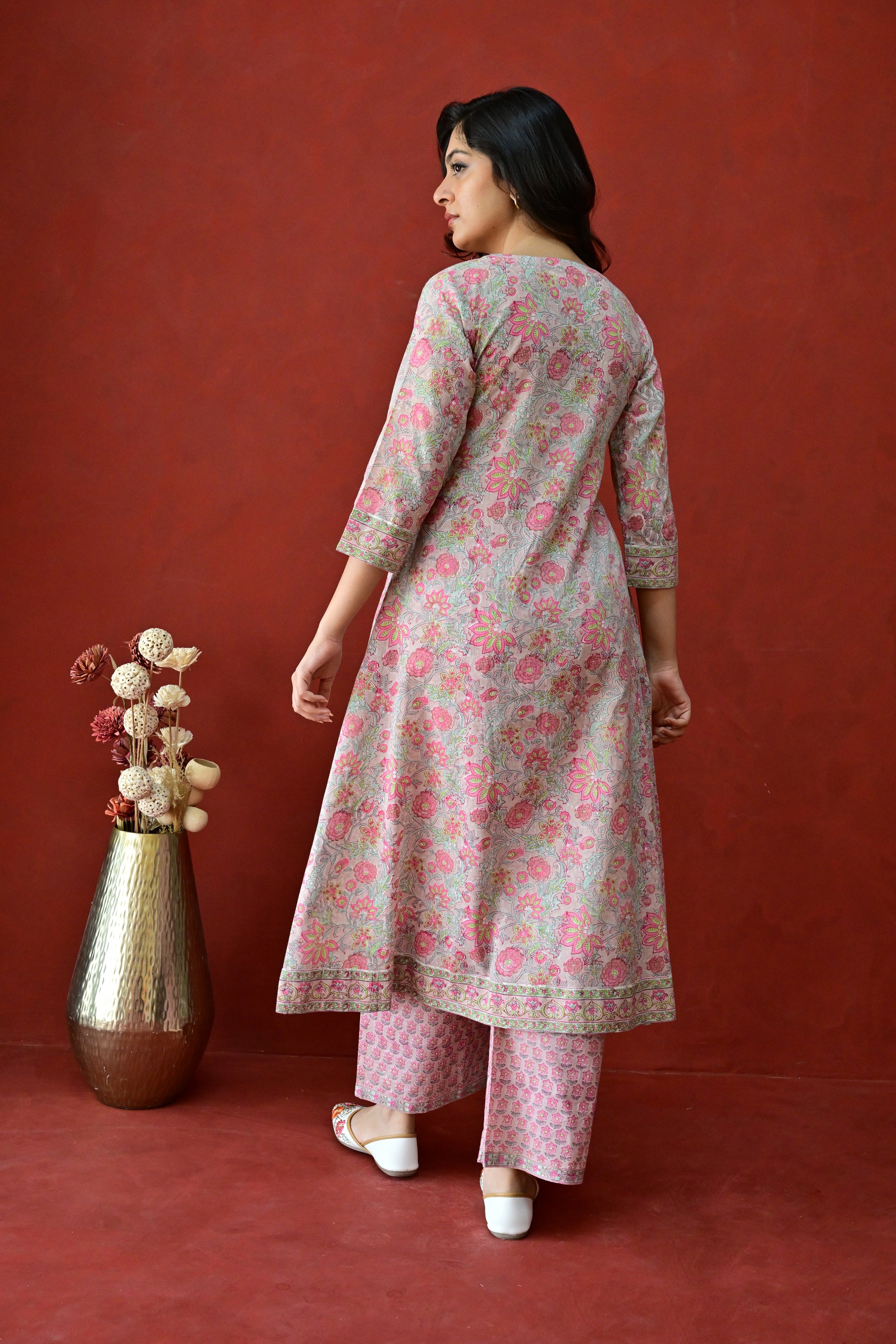 Peach & Pink Hand Block Cotton Kurta Palazzo Set with Kota Doriya Dupatta