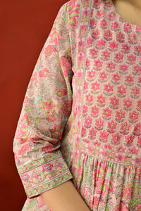 Peach & Pink Hand Block Cotton Kurta Palazzo Set with Kota Doriya Dupatta