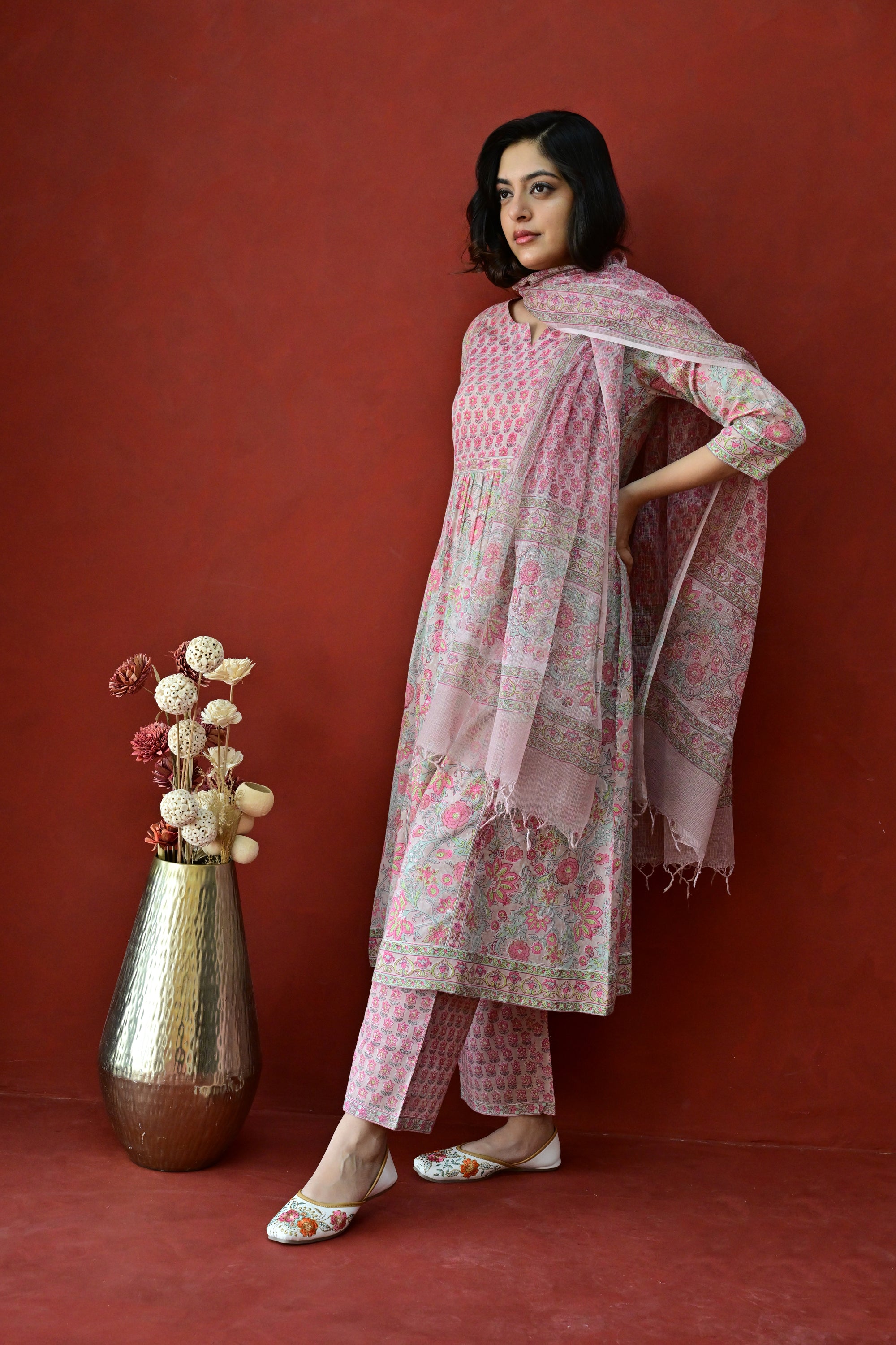 Peach & Pink Hand Block Cotton Kurta Palazzo Set with Kota Doriya Dupatta