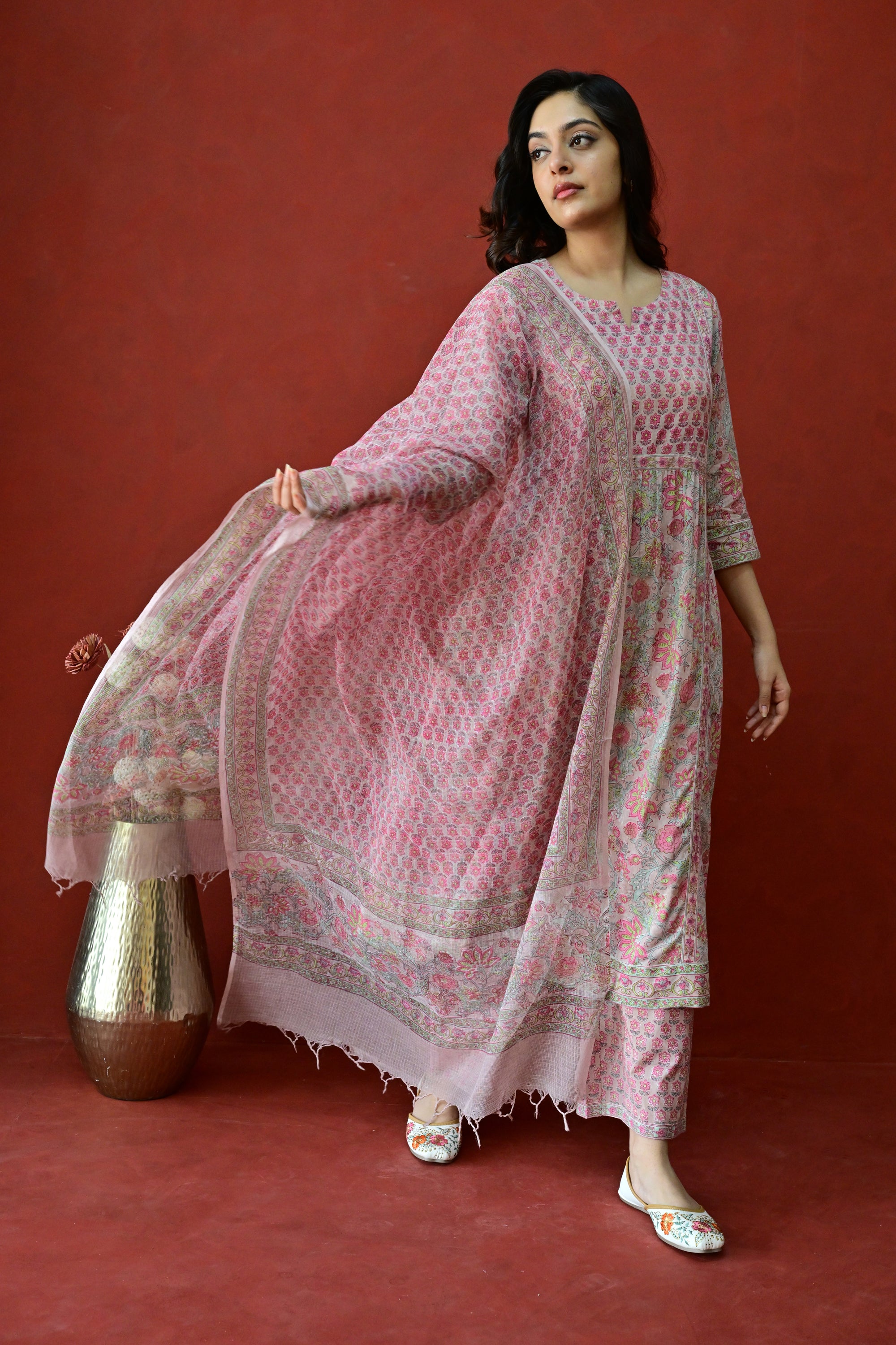 Peach & Pink Hand Block Cotton Kurta Palazzo Set with Kota Doriya Dupatta