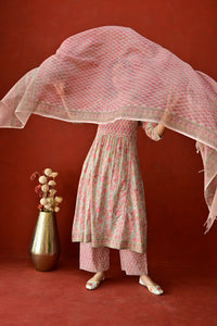 Peach & Pink Hand Block Cotton Kurta Palazzo Set with Kota Doriya Dupatta
