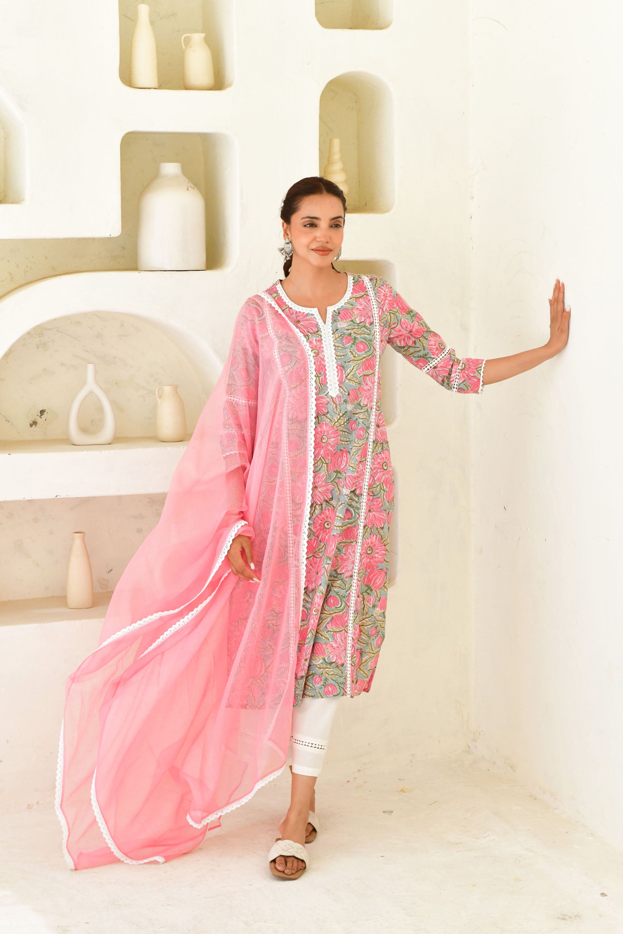 Pink & Multicolor Hand Block Printed Kurta Set with Palazzo & Dupatta-Set Of 3