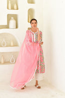 Pink & Multicolor Hand Block Printed Kurta Set with Palazzo & Dupatta-Set Of 3
