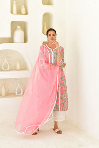 Pink & Multicolor Hand Block Printed Kurta Set with Palazzo & Dupatta-Set Of 3