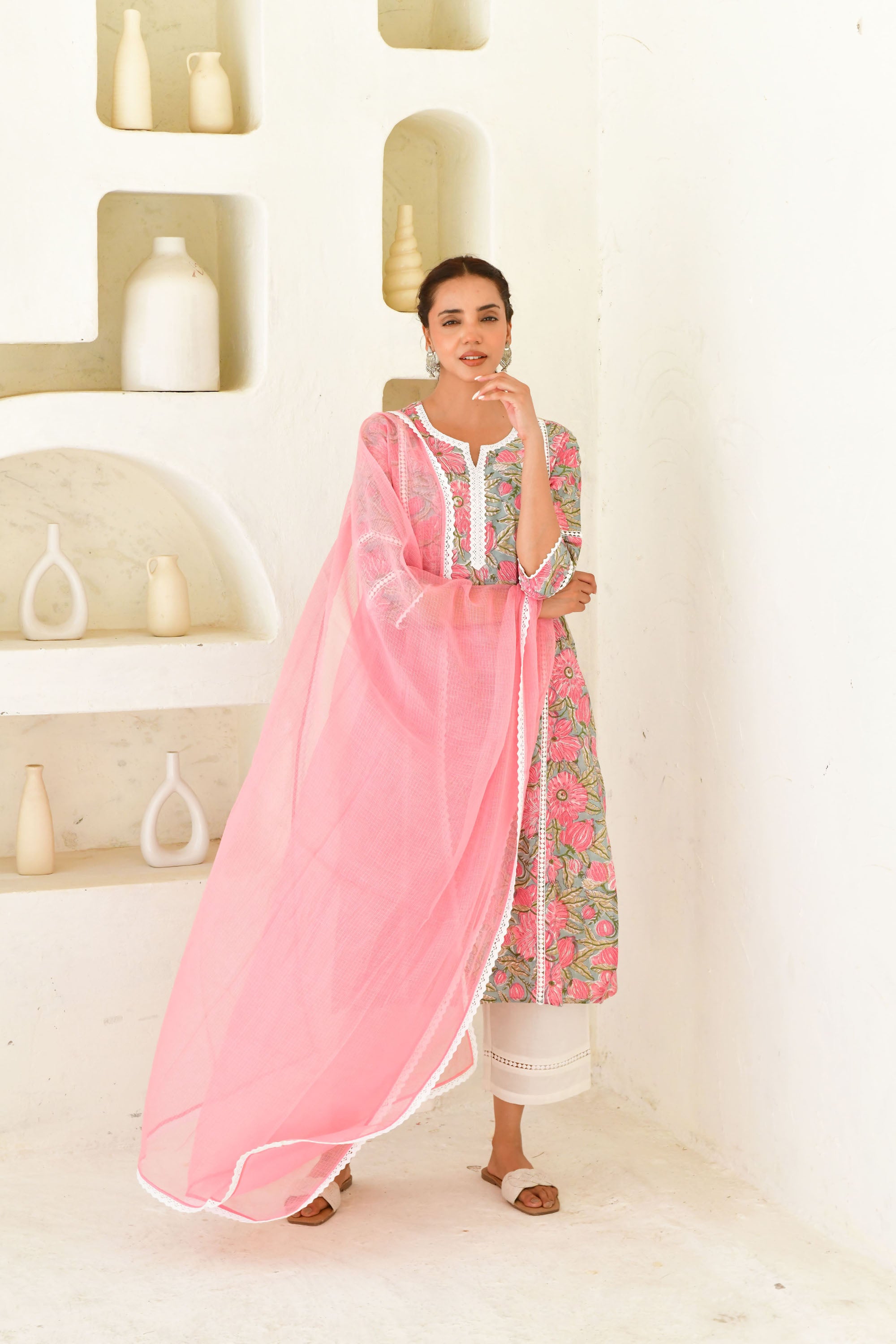 Pink & Multicolor Hand Block Printed Kurta Set with Palazzo & Dupatta-Set Of 3
