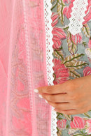 Pink & Multicolor Hand Block Printed Kurta Set with Palazzo & Dupatta-Set Of 3