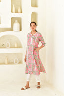 Pink & Multicolor Hand Block Printed Kurta Set with Palazzo & Dupatta-Set Of 3