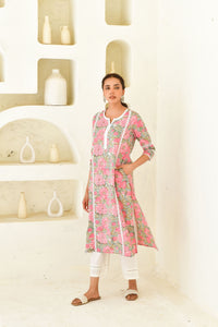 Pink & Multicolor Hand Block Printed Kurta Set with Palazzo & Dupatta-Set Of 3