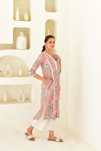 Pink & Multicolor Hand Block Printed Kurta Set with Palazzo & Dupatta-Set Of 3
