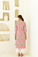 Pink & Multicolor Hand Block Printed Kurta Set with Palazzo & Dupatta-Set Of 3